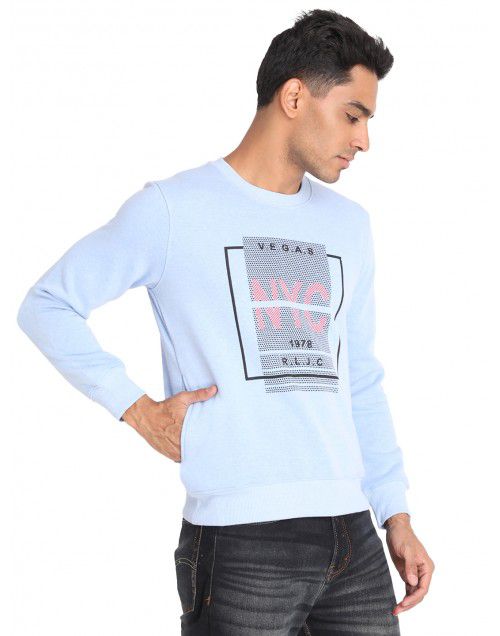 Men Cotton Blend Center Design Sweatshirt Sky